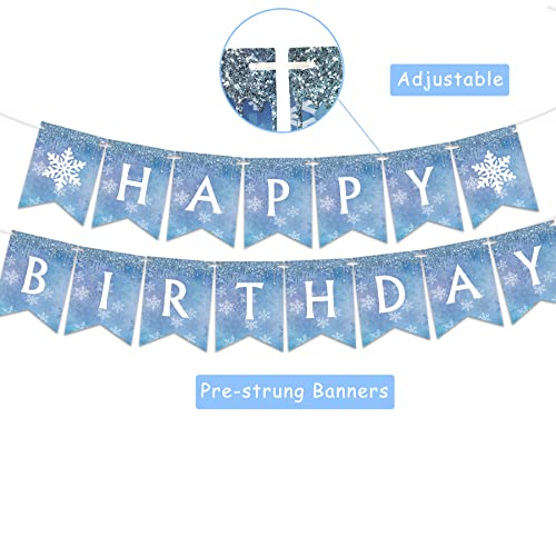 Snowflake and Frozen Happy Birthday Banner （Already Assembled）Blue & White, Snow and Frozen Theme Birthday Party Supplies， Winter Wonderland Snow Princess Birthday Party Decorations for Girl and Kids