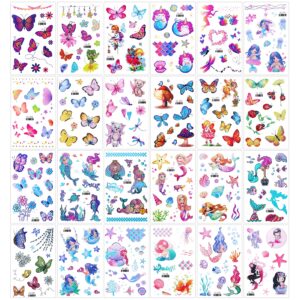 Konsait Glitter Temporary Tattoo for Girls, 24 Sheets Butterfly Mermaid Fairy Flowers Tattoo Stickers for Kids, Waterproof Fake Tattoos for Birthday Party Favors Goodie Bags Stuffers Party Fillers