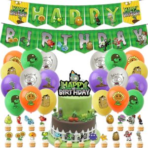 adilaidun 43pieces plants play game zombies party supplies,including pvz happy birthday banner,pvz cake topper,pvz latex balloons for kids boys game players party decoration