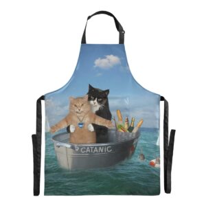 runningbear cat titanic bib apron waterproof funny apron for restaurant, salon, cafe, kitchen with adjustable straps large pocket for women men chef