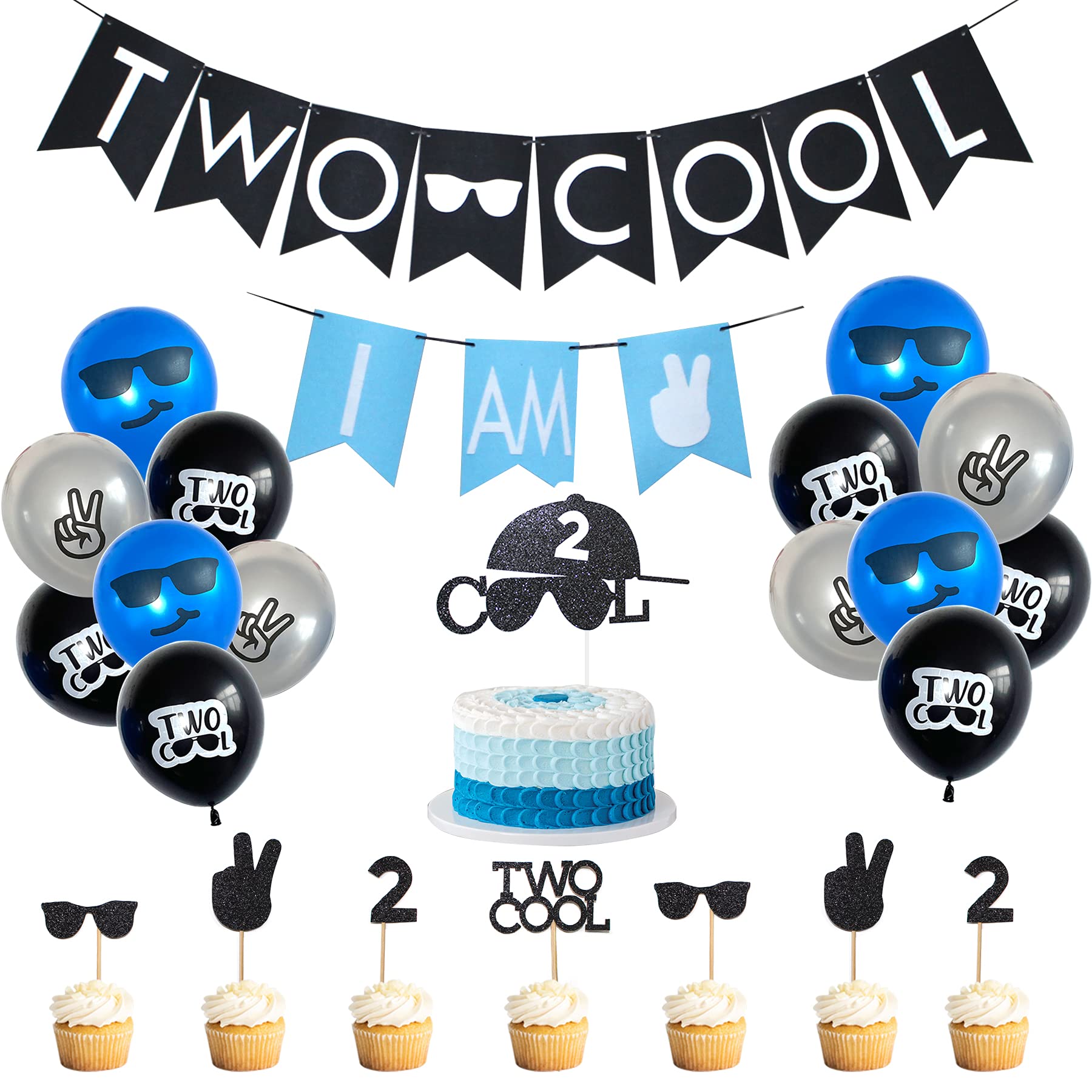 Two Cool Birthday Party Decorations Supplies, Two Cool Banner Cake Topper, I AM TWO Banner, Two Cool Balloons for Little Man Sunglasses 2nd Birthday Boy Party Supplies Decoration