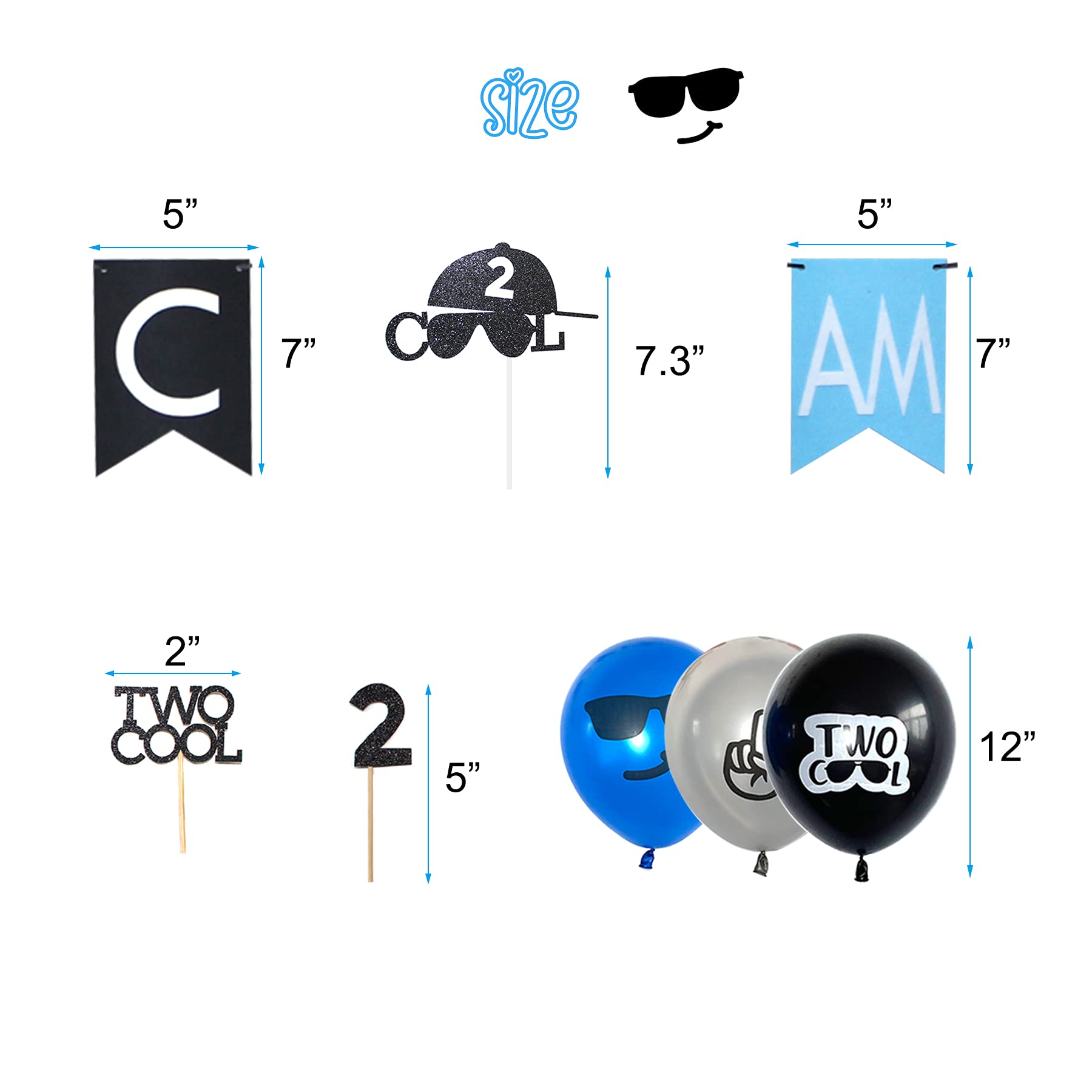 Two Cool Birthday Party Decorations Supplies, Two Cool Banner Cake Topper, I AM TWO Banner, Two Cool Balloons for Little Man Sunglasses 2nd Birthday Boy Party Supplies Decoration