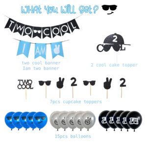 Two Cool Birthday Party Decorations Supplies, Two Cool Banner Cake Topper, I AM TWO Banner, Two Cool Balloons for Little Man Sunglasses 2nd Birthday Boy Party Supplies Decoration