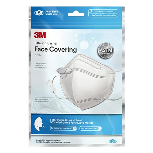 3M Filtering Barrier Face Covering, Soft, Breathable Materials, Convenient & Disposable, One Size, 5-pack