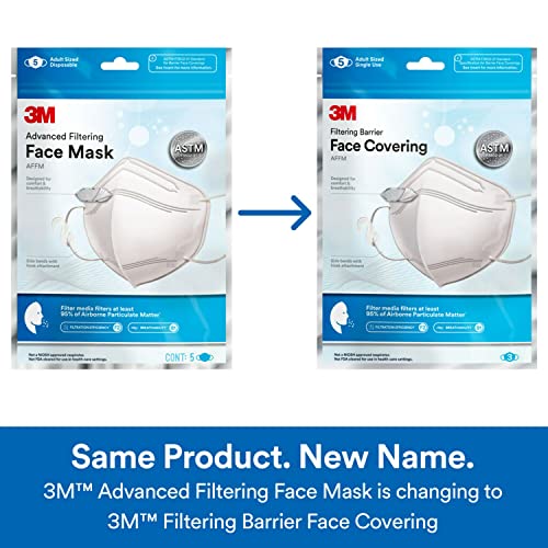 3M Filtering Barrier Face Covering, Soft, Breathable Materials, Convenient & Disposable, One Size, 5-pack