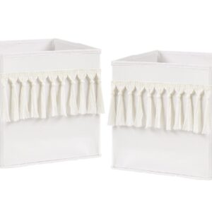 Sweet Jojo Designs Ivory Boho Bohemian Foldable Fabric Storage Cube Bins Boxes Organizer Toys Kid Baby Children - Set of 2 - Gender Neutral Solid Beige Cream Off White Farmhouse Chic Minimalist Tassel