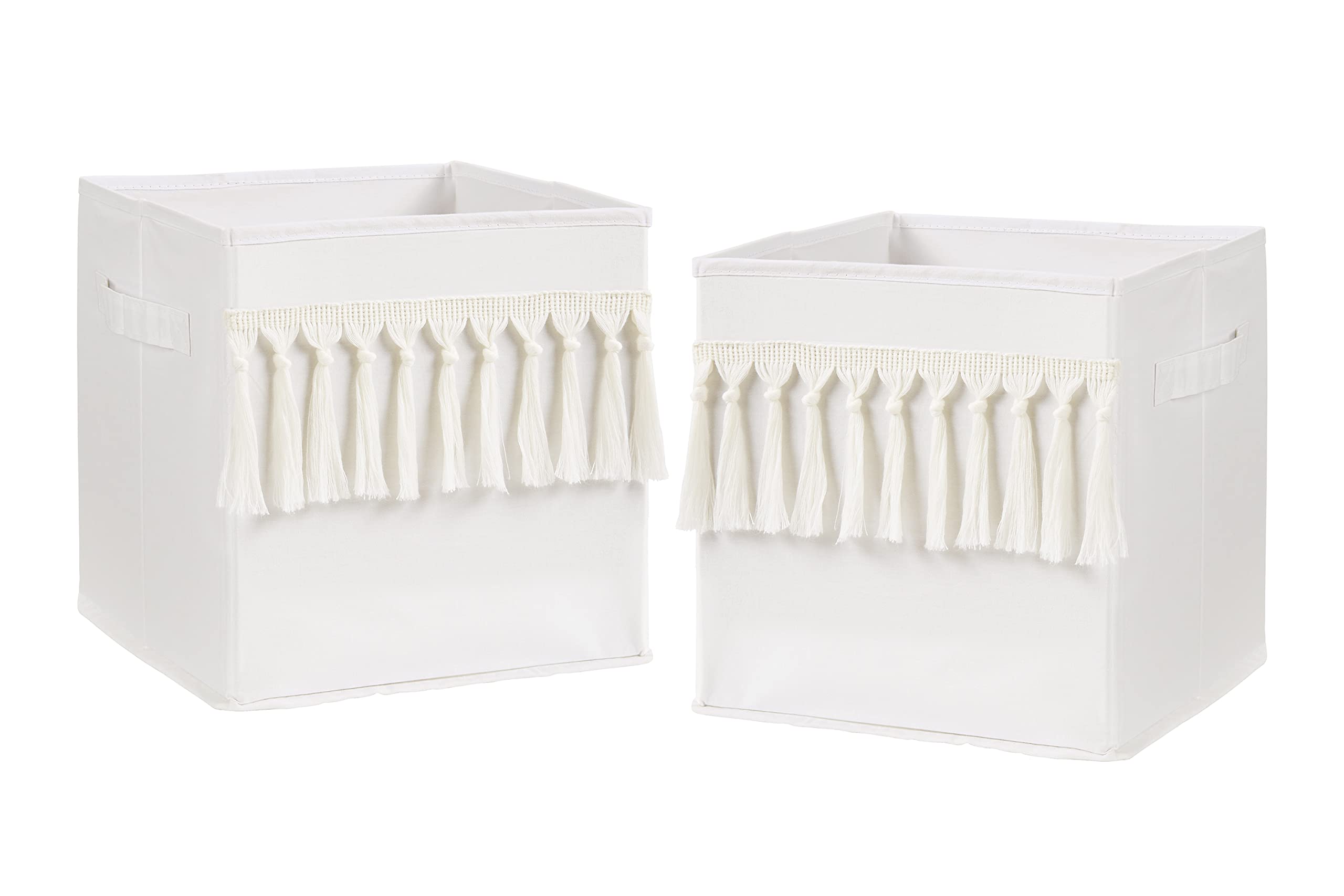 Sweet Jojo Designs Ivory Boho Bohemian Foldable Fabric Storage Cube Bins Boxes Organizer Toys Kid Baby Children - Set of 2 - Gender Neutral Solid Beige Cream Off White Farmhouse Chic Minimalist Tassel