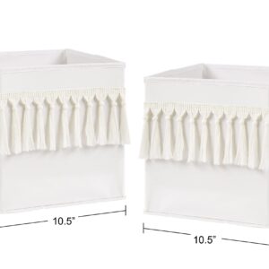 Sweet Jojo Designs Ivory Boho Bohemian Foldable Fabric Storage Cube Bins Boxes Organizer Toys Kid Baby Children - Set of 2 - Gender Neutral Solid Beige Cream Off White Farmhouse Chic Minimalist Tassel