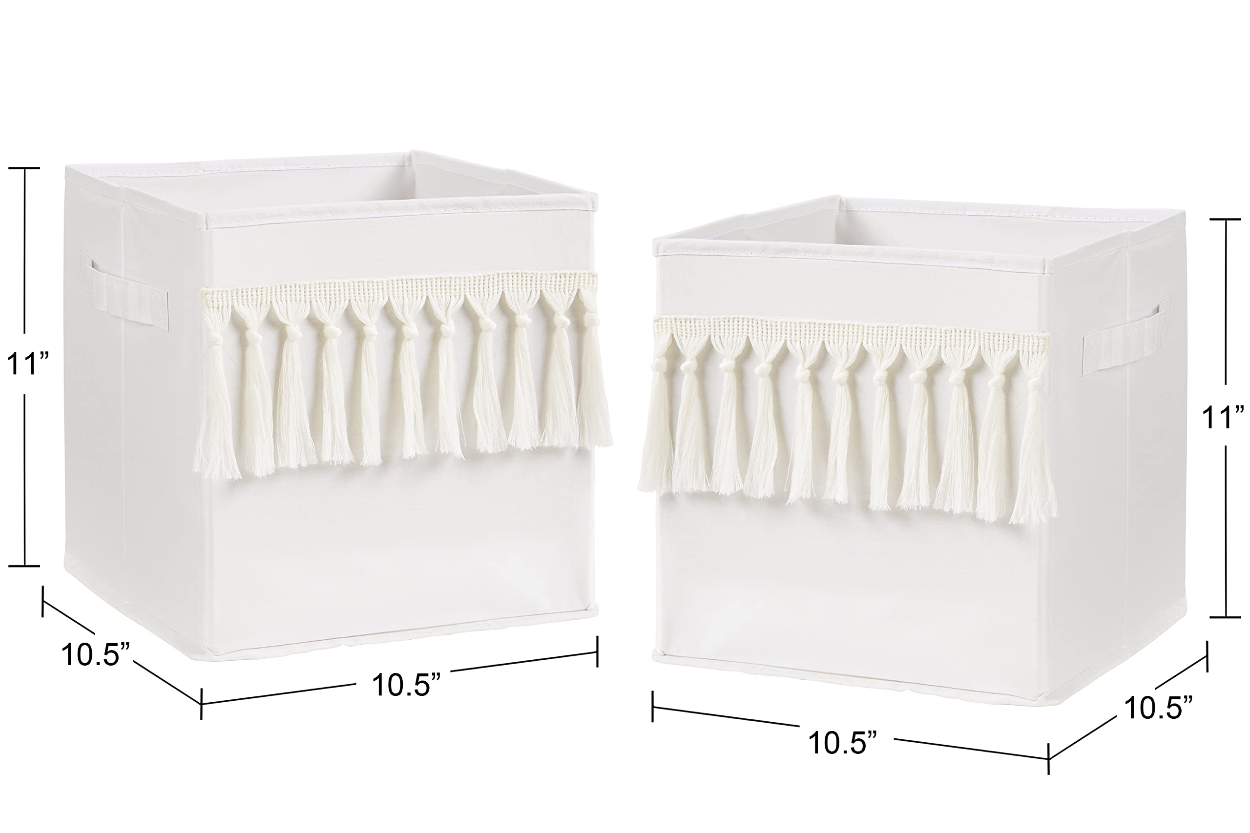 Sweet Jojo Designs Ivory Boho Bohemian Foldable Fabric Storage Cube Bins Boxes Organizer Toys Kid Baby Children - Set of 2 - Gender Neutral Solid Beige Cream Off White Farmhouse Chic Minimalist Tassel