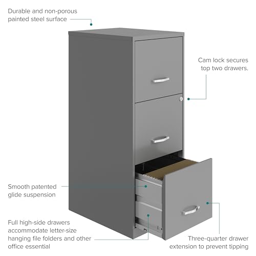 Hirsh Industries 3 Drawer Metal Vertical File Cabinet with Lock, Letter-Size, in Gray