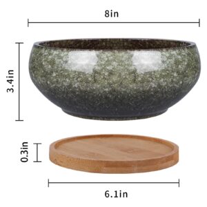 EPFamily 8 Inch Ceramic Bonsai Planter Pot, Glazed Shallow Succulent Planter with Drainage Hole and Bamboo Saucer for Indoor Plants, Green