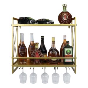 flrh metal multipurpose shelf hung bracket 24.2in, gold wine racks wall mounted with glass holder, 2-tiers wall mount bottle holder glass rack