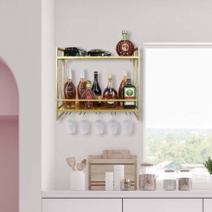 FLRH Metal Multipurpose Shelf Hung Bracket 24.2in, Gold Wine Racks Wall Mounted with Glass Holder, 2-Tiers Wall Mount Bottle Holder Glass Rack