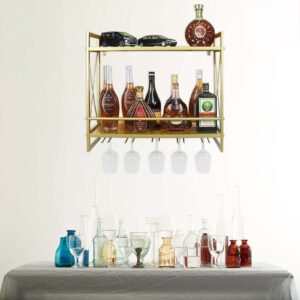 FLRH Metal Multipurpose Shelf Hung Bracket 24.2in, Gold Wine Racks Wall Mounted with Glass Holder, 2-Tiers Wall Mount Bottle Holder Glass Rack