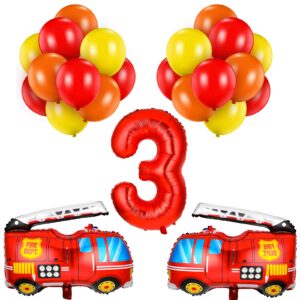 33 pieces fire truck party decorations set include number foil balloon, 2 pieces fire engine birthday balloons and 30 pieces red orange yellow latex balloons for rescue theme party (number 3 balloon)
