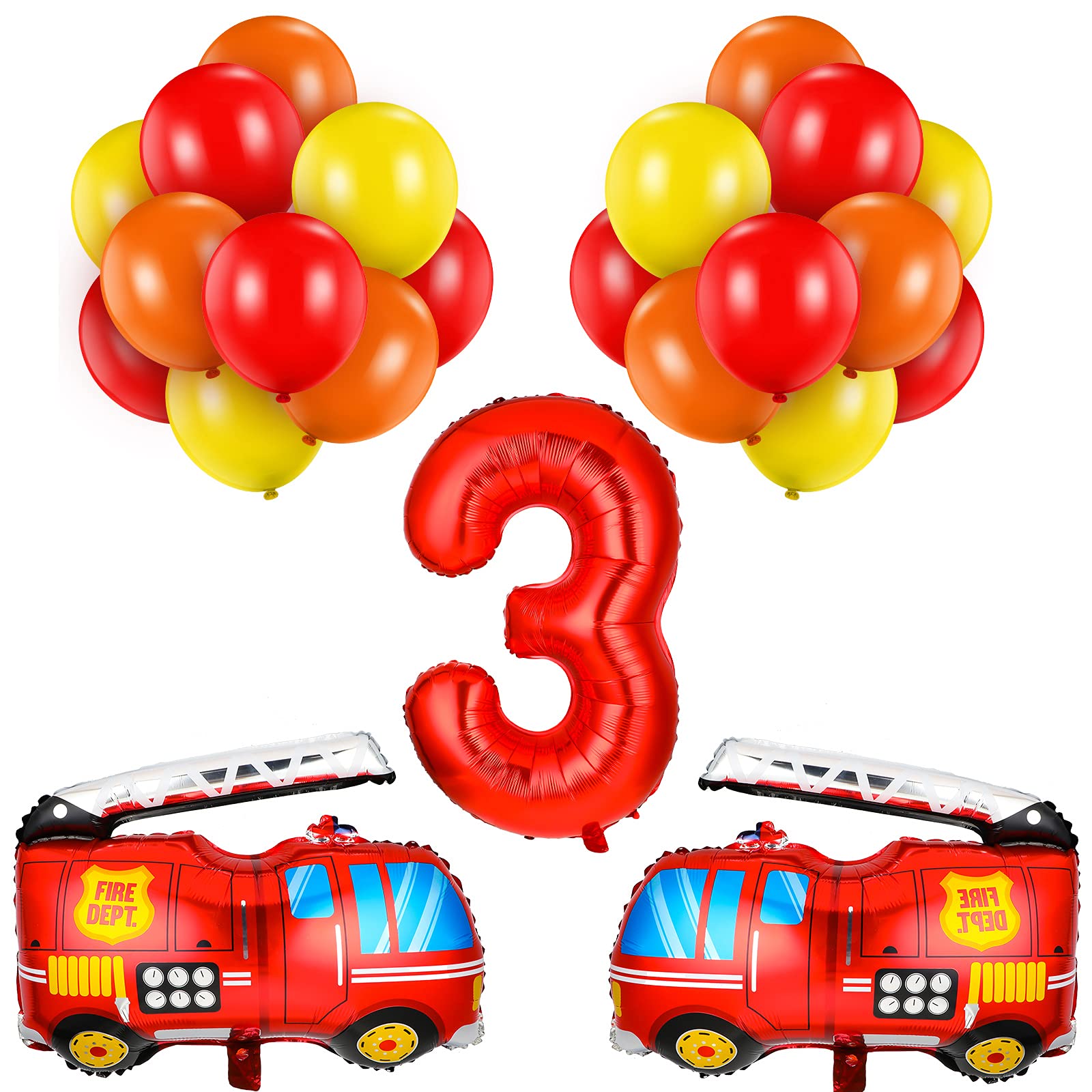 33 Pieces Fire Truck Party Decorations Set Include Number Foil Balloon, 2 Pieces Fire Engine Birthday Balloons and 30 Pieces Red Orange Yellow Latex Balloons for Rescue Theme Party (Number 3 Balloon)