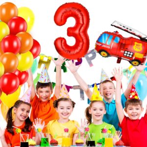 33 Pieces Fire Truck Party Decorations Set Include Number Foil Balloon, 2 Pieces Fire Engine Birthday Balloons and 30 Pieces Red Orange Yellow Latex Balloons for Rescue Theme Party (Number 3 Balloon)