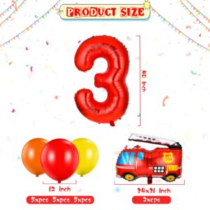 33 Pieces Fire Truck Party Decorations Set Include Number Foil Balloon, 2 Pieces Fire Engine Birthday Balloons and 30 Pieces Red Orange Yellow Latex Balloons for Rescue Theme Party (Number 3 Balloon)