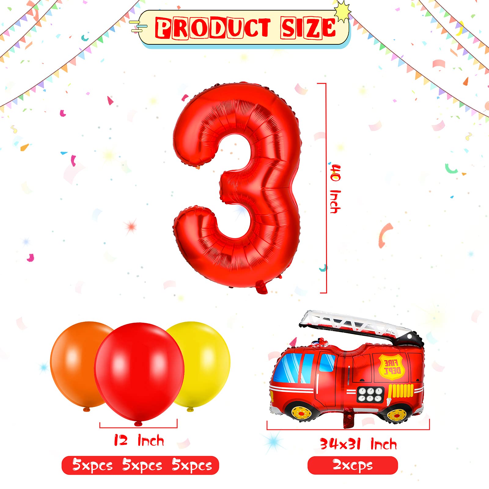 33 Pieces Fire Truck Party Decorations Set Include Number Foil Balloon, 2 Pieces Fire Engine Birthday Balloons and 30 Pieces Red Orange Yellow Latex Balloons for Rescue Theme Party (Number 3 Balloon)