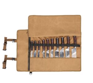 denifiter chef's knife roll bag with 10 slots and 1 large zipper pocket, waxed canvas knife roll bag