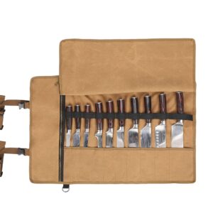 Denifiter Chef's Knife Roll Bag With 10 Slots And 1 Large Zipper Pocket, Waxed Canvas Knife Roll bag