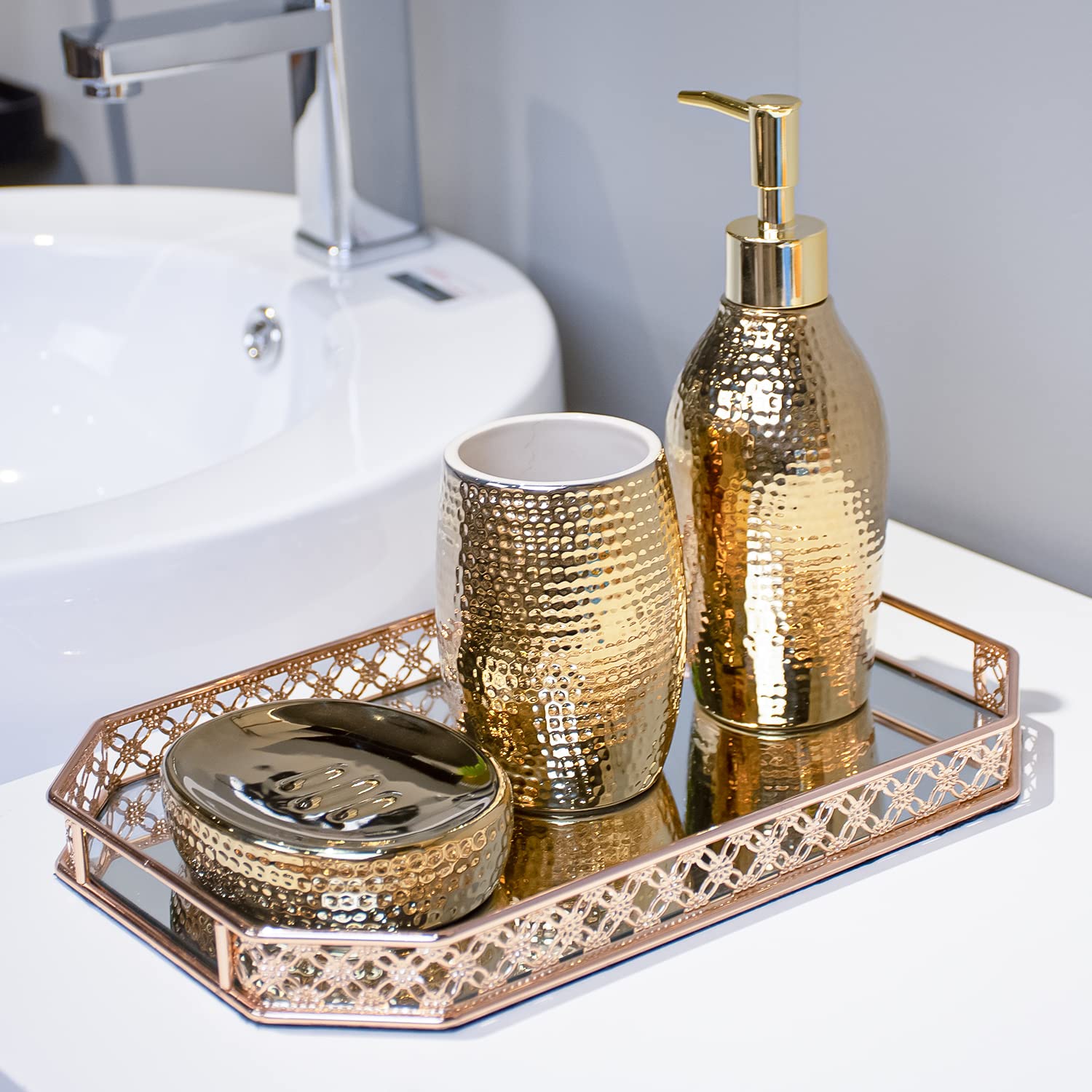 Gold Mirror Tray, Perfume Tray for Dresser, Gold Vanity Trays for Bathroom and Home Decor, 11.6 x 7.7 x 1.2 inches