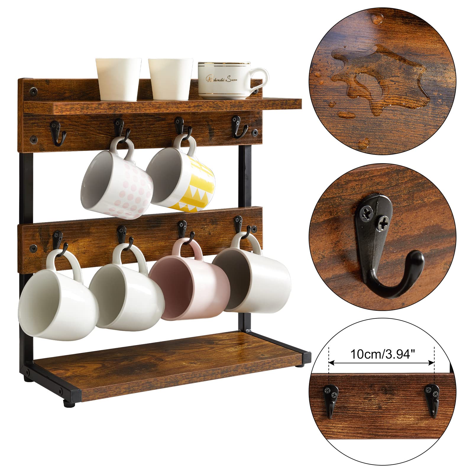 IBUYKE Rustic Coffee Mug Holder Stand, 2 Tier Countertop Mug Tree Holder Rack with Storage Base, Vintage Mug Holders for Kitchen, Holds 8 Mugs, Rustic Brown UTBJ002H