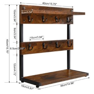 IBUYKE Rustic Coffee Mug Holder Stand, 2 Tier Countertop Mug Tree Holder Rack with Storage Base, Vintage Mug Holders for Kitchen, Holds 8 Mugs, Rustic Brown UTBJ002H