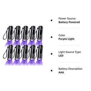 Roceei 10 Pieces UV Blacklight Flashlights, LED Light, Handheld, Mini Light Torch Detector, Portable UV Flashlight Torch for Pets Stains Urine (Purple Light)