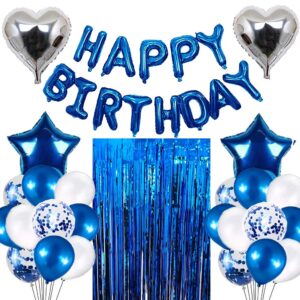 blue birthday party decorations set with blue happy birthday balloons banner, confetti and latex balloon, heart star foil balloon, foil fringe curtain for blue theme birthday party supplies