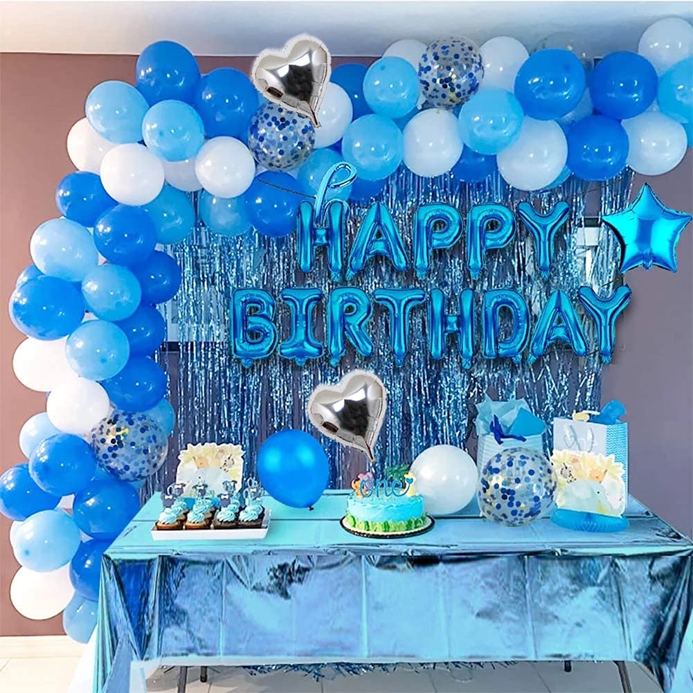 Blue Birthday Party Decorations Set with Blue Happy Birthday Balloons Banner, Confetti and Latex Balloon, Heart Star Foil Balloon, Foil Fringe Curtain for Blue Theme Birthday Party Supplies