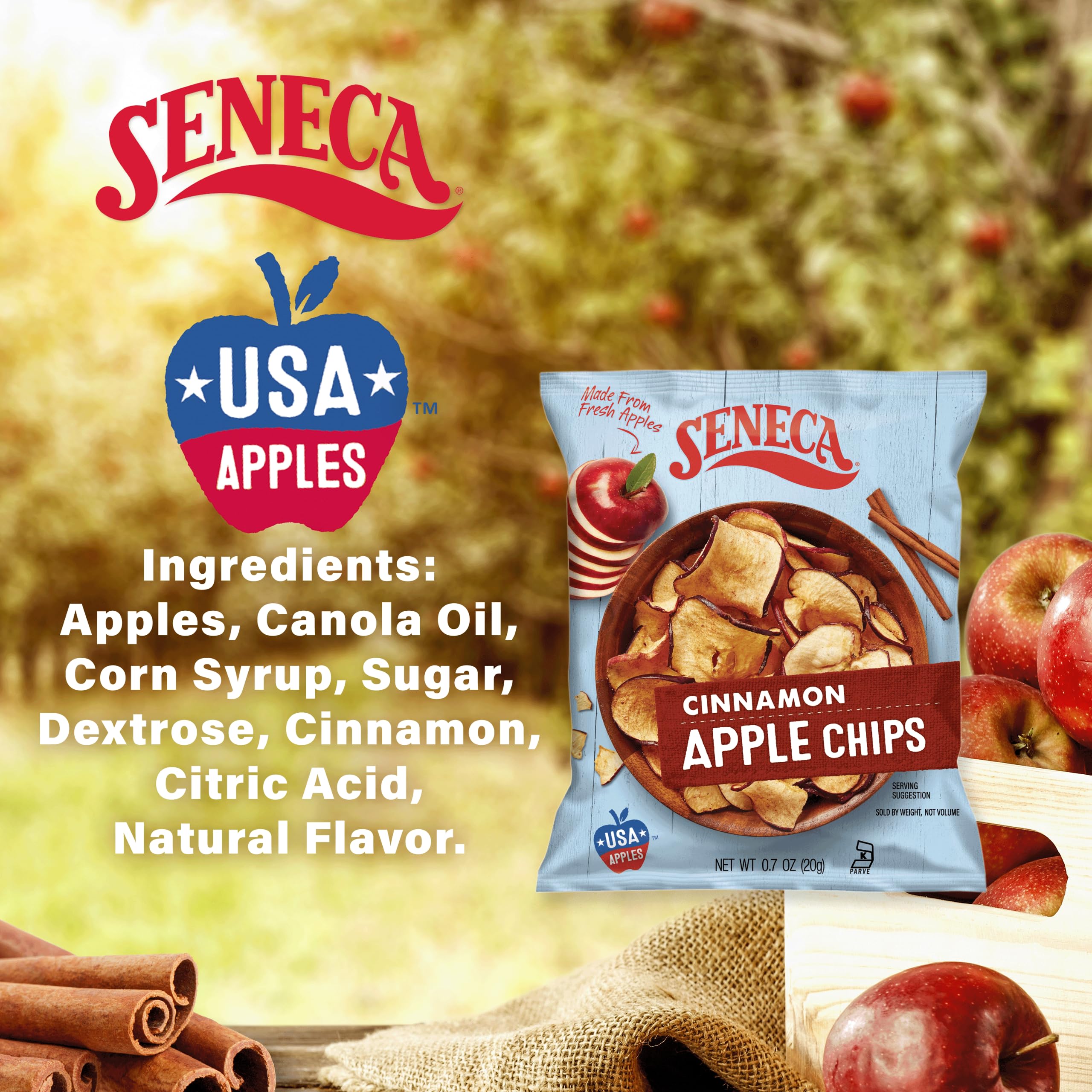 Seneca Cinnamon Apple Chips | Made from Fresh Apples | 100% Red Delicious Apples | Yakima Valley Orchards | Real Cinnamon | Crisped Apple Perfection | Foil Fresh Bag | 0.7 ounce (Pack of 24)