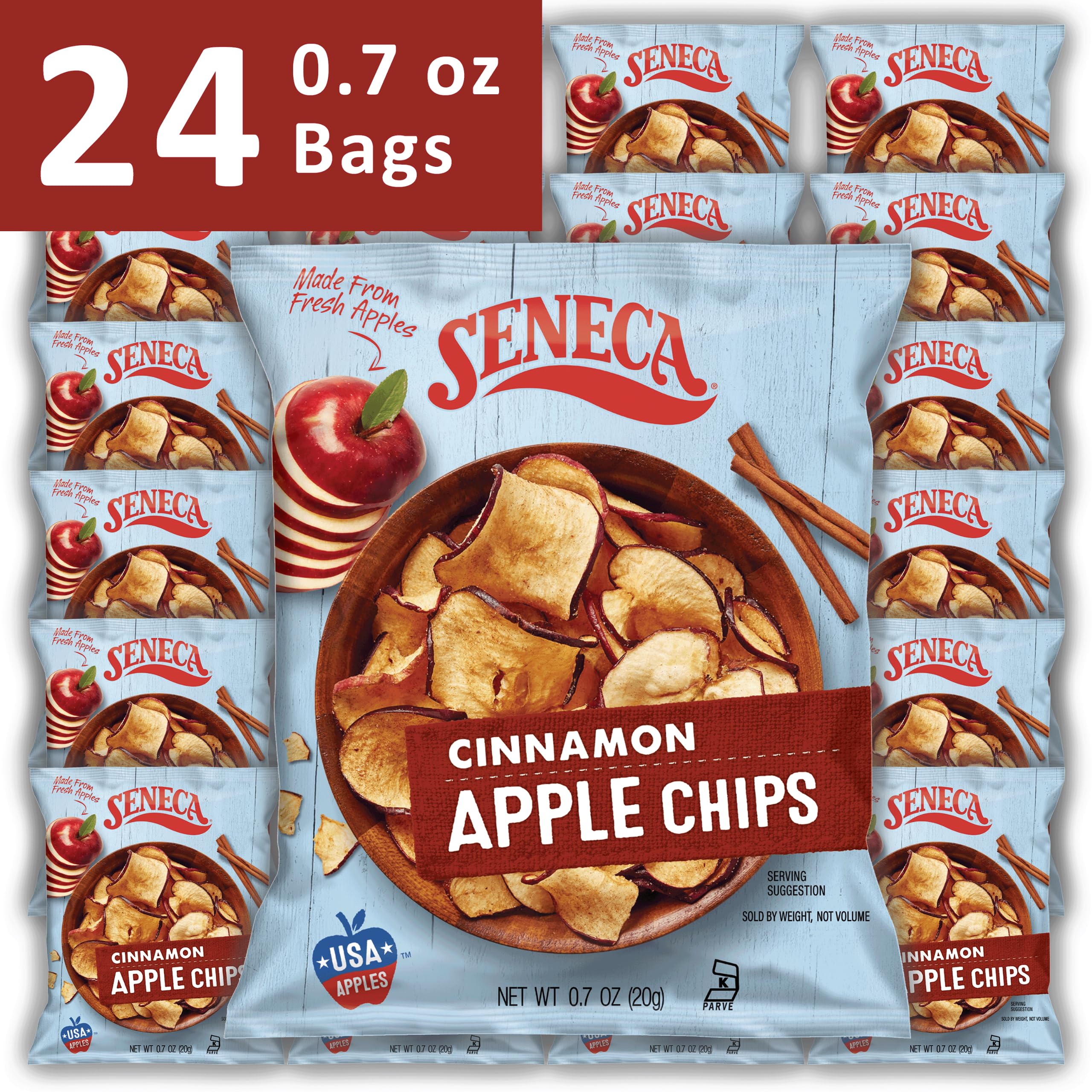 Seneca Cinnamon Apple Chips | Made from Fresh Apples | 100% Red Delicious Apples | Yakima Valley Orchards | Real Cinnamon | Crisped Apple Perfection | Foil Fresh Bag | 0.7 ounce (Pack of 24)