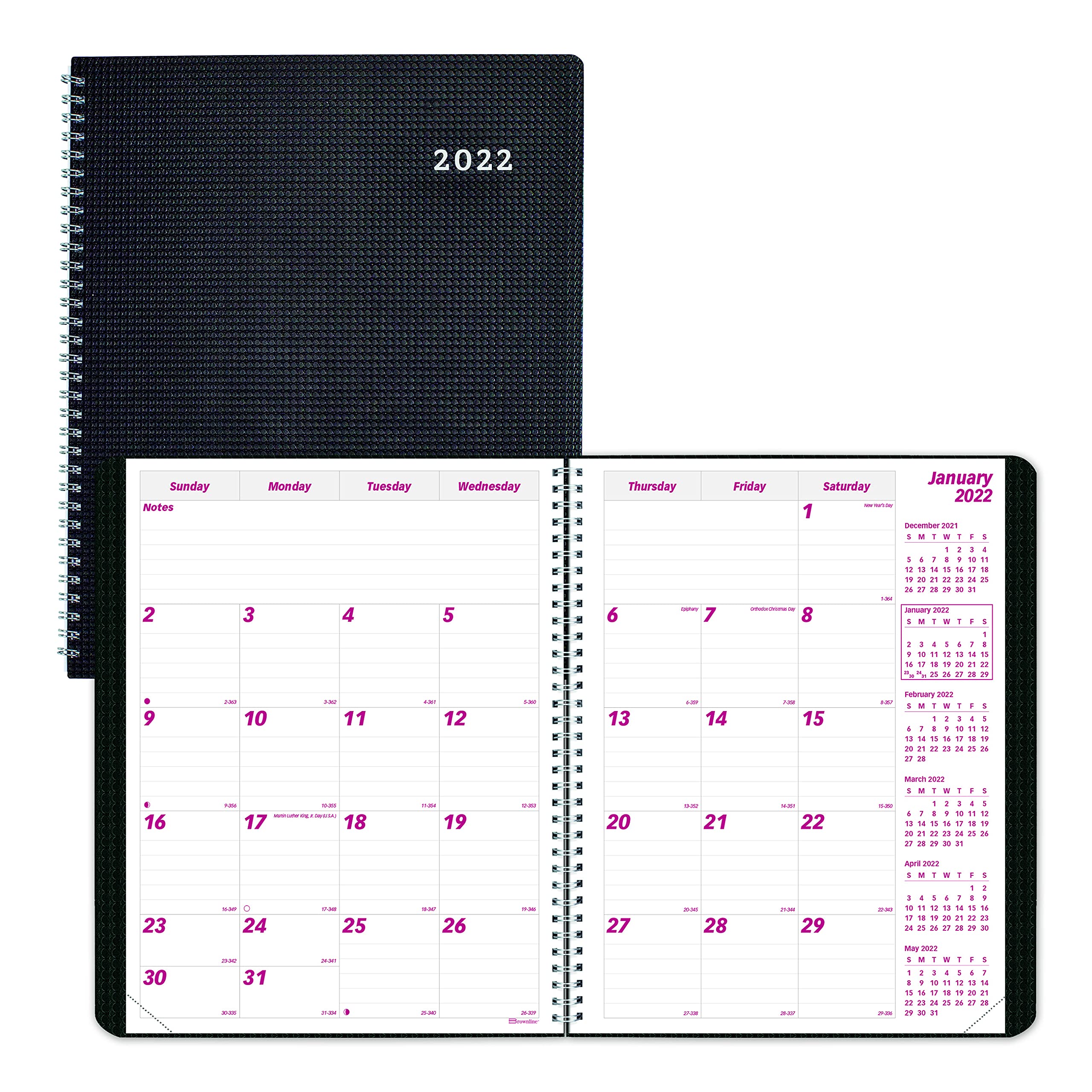 Brownline 2022 DuraFlex Monthly Planner, 14 Months, December 2021 to January 2023, Twin-Wire Binding, 11" x 8.5", Black (CB1262V.BLK-22), Burgundy; Gray