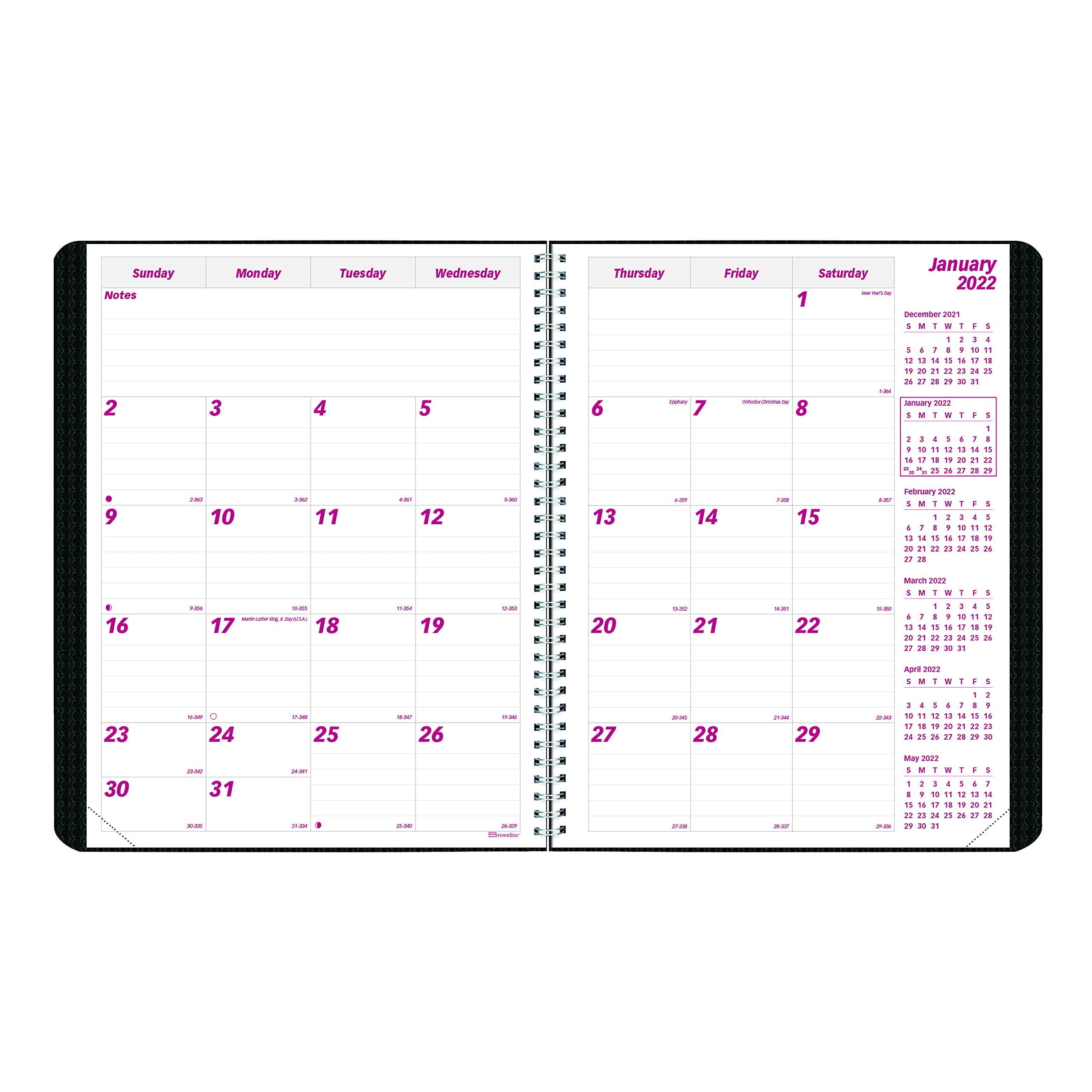 Brownline 2022 DuraFlex Monthly Planner, 14 Months, December 2021 to January 2023, Twin-Wire Binding, 11" x 8.5", Black (CB1262V.BLK-22), Burgundy; Gray