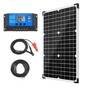 apowery solar panel kit 30w 12v monocrystalline,battery maintainer +10a solar charge controller + extension cable with battery clips o-ring terminal for rv marine boat off grid system