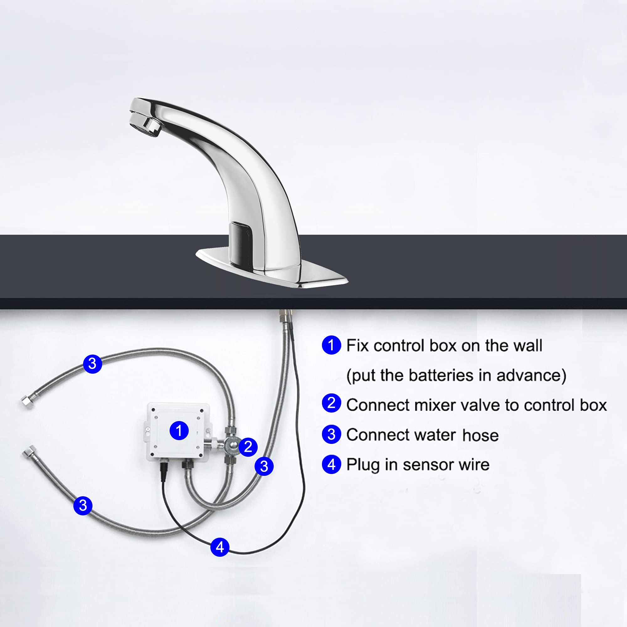 Gangang Commercial Bathroom Touchless Automatic Motion Sensor Sink Faucet Cold and Hot Water Basin Tap Mixer with Cover Plate Solid Brass Chrome Plated