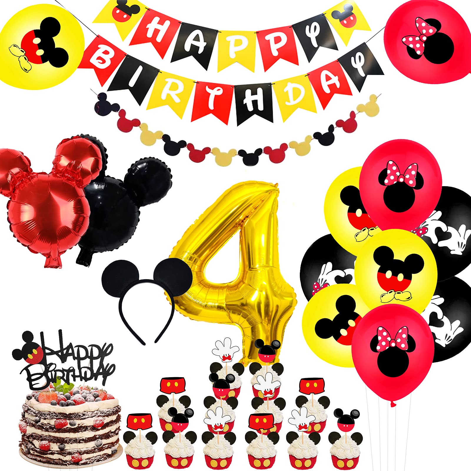 zrjssyp Mickey 4th Birthday Party Supplies, 4 Years Old Decorations for boys Three Decor Red Yellow Black Balloon Banner Number Foil Balloons Mouse Ears Headband Kids… (black 4th)