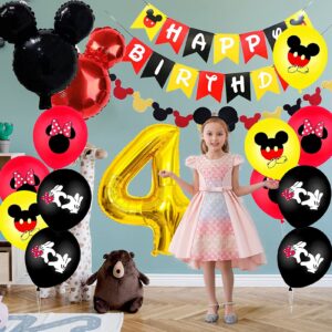 zrjssyp Mickey 4th Birthday Party Supplies, 4 Years Old Decorations for boys Three Decor Red Yellow Black Balloon Banner Number Foil Balloons Mouse Ears Headband Kids… (black 4th)