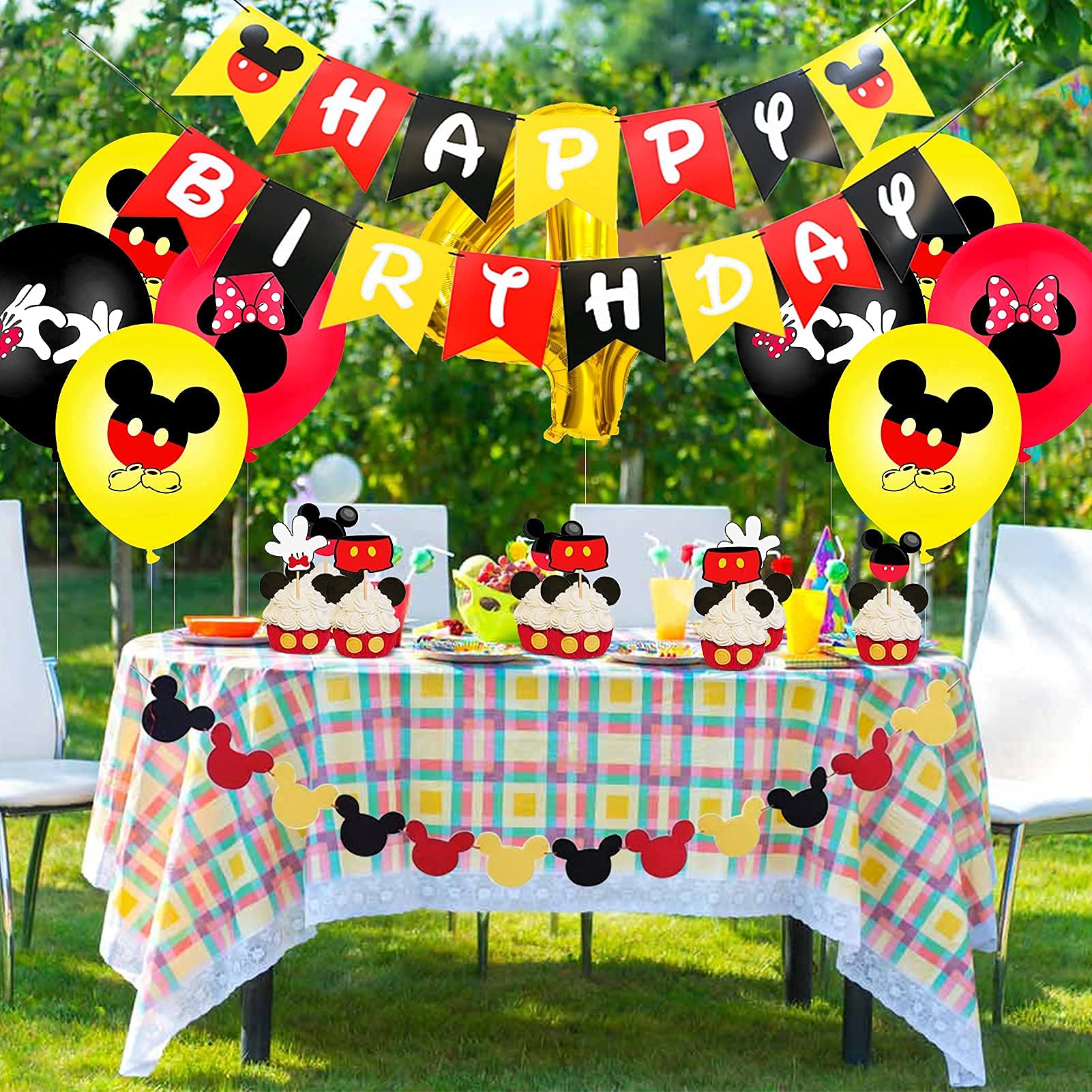 zrjssyp Mickey 4th Birthday Party Supplies, 4 Years Old Decorations for boys Three Decor Red Yellow Black Balloon Banner Number Foil Balloons Mouse Ears Headband Kids… (black 4th)