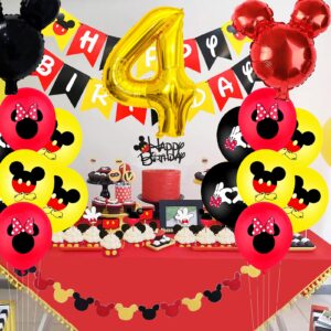 zrjssyp Mickey 4th Birthday Party Supplies, 4 Years Old Decorations for boys Three Decor Red Yellow Black Balloon Banner Number Foil Balloons Mouse Ears Headband Kids… (black 4th)