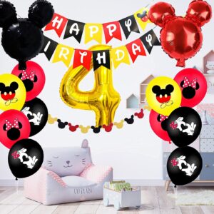zrjssyp Mickey 4th Birthday Party Supplies, 4 Years Old Decorations for boys Three Decor Red Yellow Black Balloon Banner Number Foil Balloons Mouse Ears Headband Kids… (black 4th)