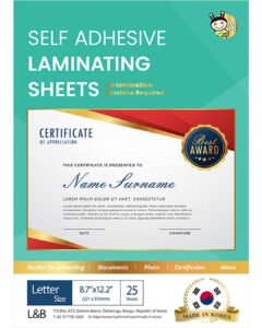 no heat laminating sheets self sealing 8.5 x 11 inch, 25 pack, 4mil thickness, transparent, no machine self adhesive laminating sheets, protect documents and photos [letter size] by ha shi