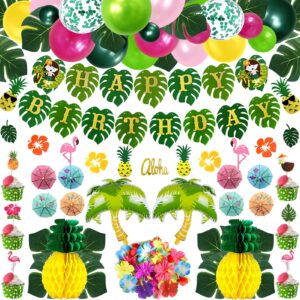 trewave tropical luau party decoration pack hawaiian beach party supplies birthday party decor including felt birthday banner, foil coconut tree, balloons, leaves, cake toppers, pineapple décors