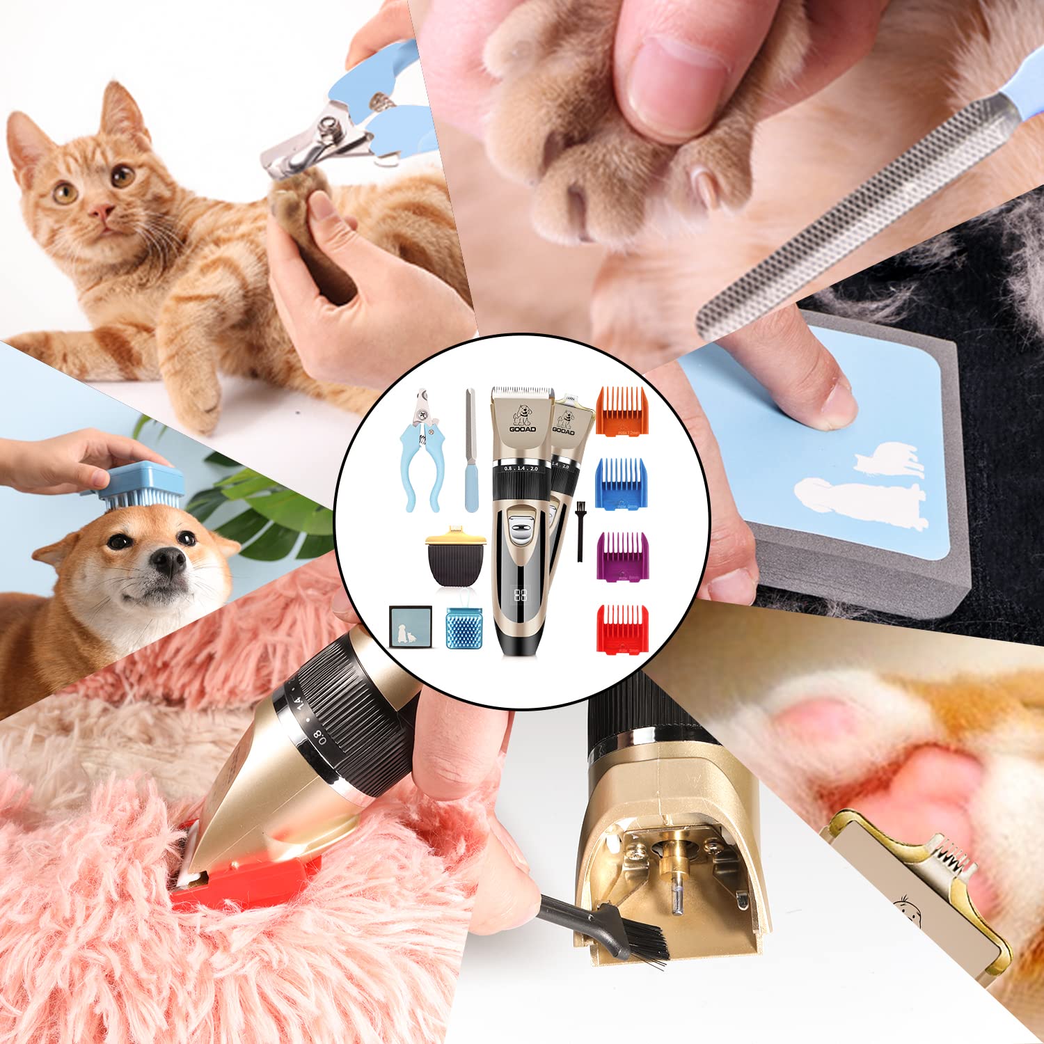 Gooad Dog Clippers Grooming Kit and Paw Trimmer,Low Noise,Electric Quiet,Rechargeable,Cordless, Pet Hair Clippers for Thick Coats, Dog Trimmer Grooming Tool, Shaver for Small and Large Dogs Cats