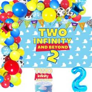 HEETON Two Infinity and Beyond Backdrop Buzz Banner Light Year Cake Topper Toy Inspired Story 2nd Birthday Balloons Garland Party Supplies Decorations Photo Prop for Girl Boy Baby Background