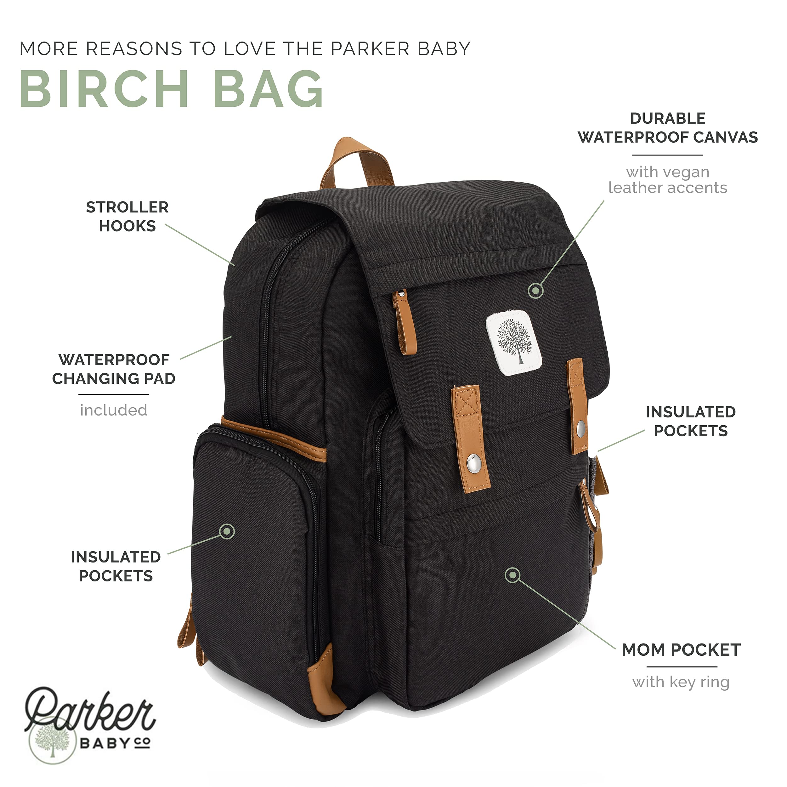 Parker Baby Diaper Backpack - Large Diaper Bag with Insulated Pockets, Stroller Straps and Changing Pad -"Birch Bag" - Black