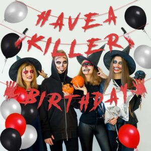 Red Have A Killer Birthday Banner and Killer Birthday Cake Topper Balloons, Halloween Horror Birthday Banner for Have a Killer Birthday Decorations Halloween Horror Movie Birthday Party Decorations