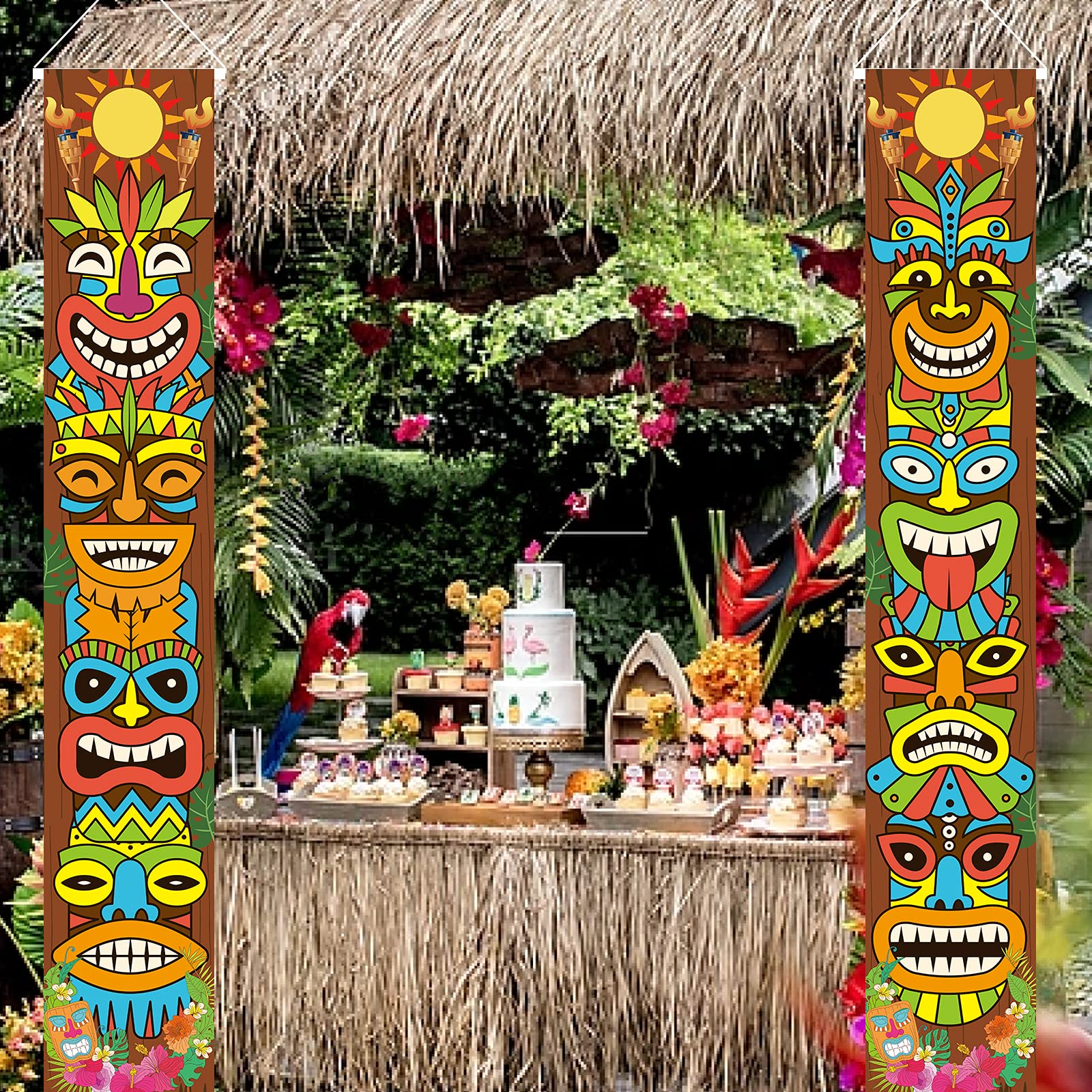 Hawaiian Luau Party Decoration Supplies, Tiki Totem Door Banner Sign for Aloha Hawaii Luau Tropical Moana Birthday Party Decorations, Tiki Decorations Outdoor