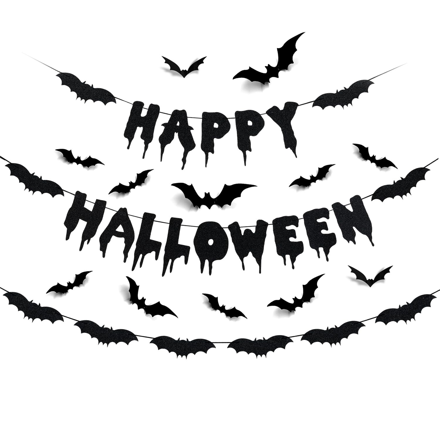 Black Glitter Happy Halloween Banner and Bat Halloween Garland Bat Wall Decals, Happy Halloween Party Decorations Halloween Party Banner for Haunted Houses Home Indoor Mantle Decor